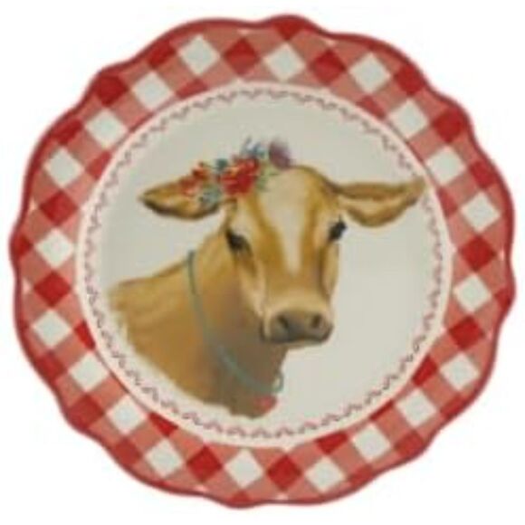New Pioneer Woman "Brown Cow" Red Gingham 24-Piece Dinnerware Set for 8 - Picture 4 of 4